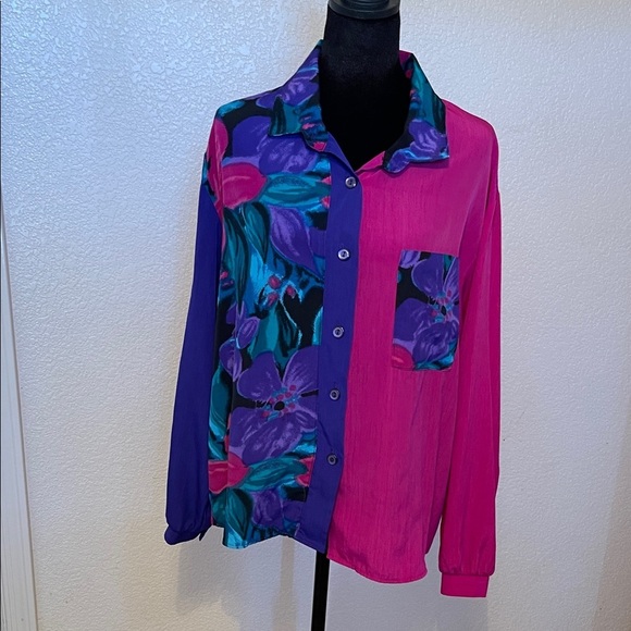 S.O.S sport Tops - Colorblock Floral Button-Up Shirt - Pink, Purple, Teal